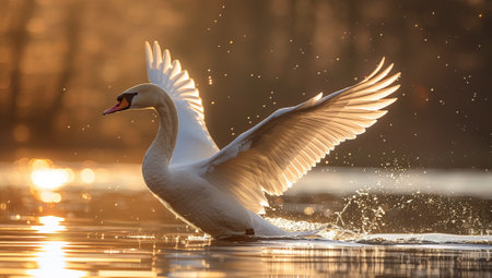 Swan takes flight during the golden hourの素材