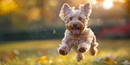 Yorkshire Terrier running in the autumn park. Dog portrait.の素材