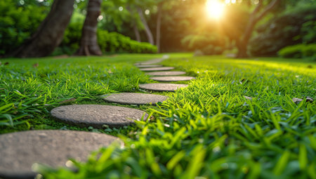 Stone walkway in the green garden with sun lightの素材