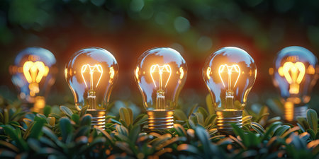 Illuminated light bulbs on lush green grass symbolizing innovative ideasの素材