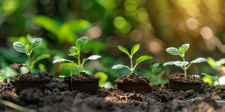 Young plant seedling growing in peat pots on green nature backgroundの素材