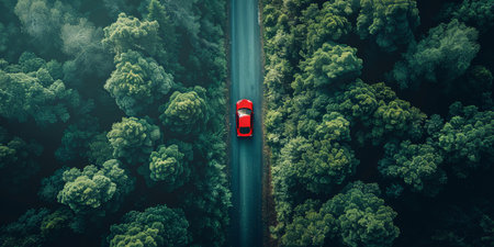 Aerial view of red car driving on the road in the forestの素材
