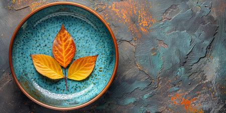 Autumn leaves on a blue plate on a textured backgroundの素材