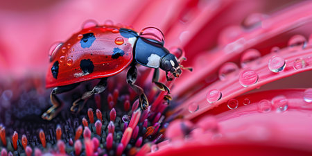 Red ladybug on a flower petal with water drops close upの素材