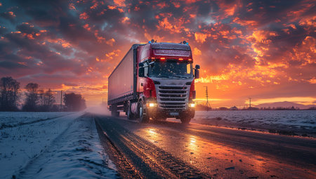 Truck on the road at sunset. Freight transportation and logisticsの素材
