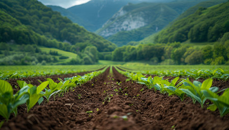 Lush tobacco field nestled within green mountainsの素材