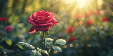 Beautiful red rose flower in the garden with sun light background.の素材