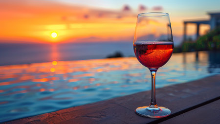 Wine glass on swimming pool with beautiful view of sea and sunsetの素材