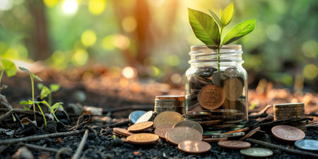 Plant growing out of coins in a glass jar with copy spaceの素材