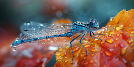Blue dragonfly on a red leaf with drops of dew.の素材