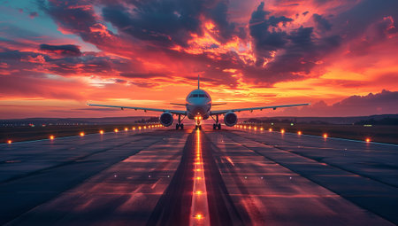Airplane on the runway of the airport with a beautiful sunset.の素材