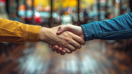 Close up of two business people shaking hands over blurred background. Teamwork conceptの素材