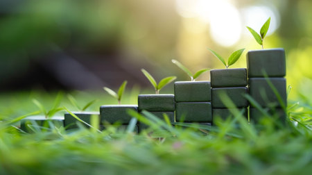 Conceptual image of growing green tree on green grass background.の素材