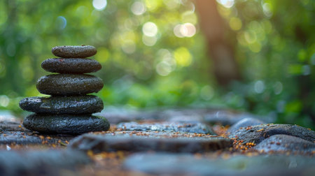 Zen Stones Stacked in Lush Green Forestの素材