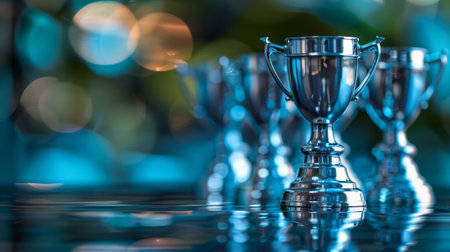 Trophy cup on blue bokeh background, winner concept.の素材