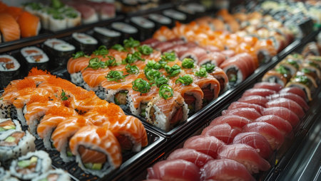 Vibrant sushi set displayed in Japanese restaurantの素材