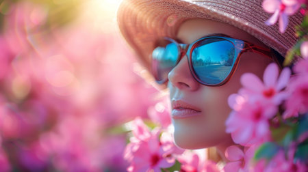 Beautiful Girl in Hat and Sunglasses Amidst Pink Flowersの素材
