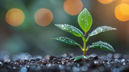 Young plant growing in soil with bokeh background, Ecology conceptの素材