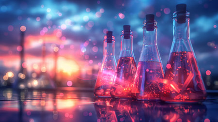 Illuminated Laboratory Glassware with Red Light Against Industrial Structuresの素材