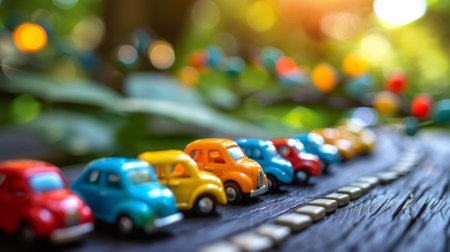 Colorful toy cars on wooden table with green bokeh backgroundの素材