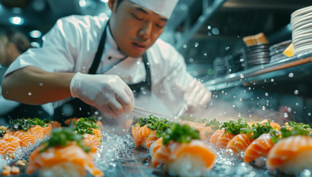 Chef preparing sushi in restaurant kitchen. Chef decorating food.の素材