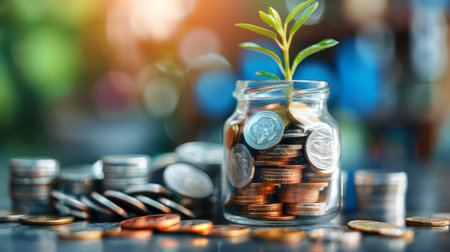 Coins in glass jar with green plant on blurred background. Saving money concept.の素材