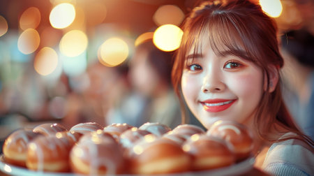 Beautiful young asian woman with sweet donuts in cafe.の素材