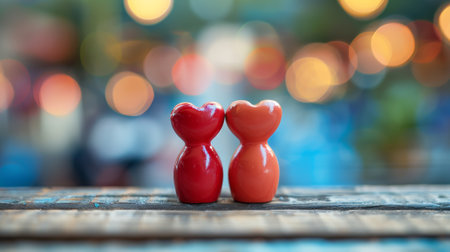 Two red hearts on wooden table with bokeh background. Love concept.の素材