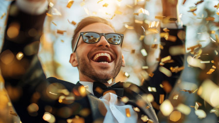 Cheerful Man in Suit Enjoying Golden Confetti Showerの素材