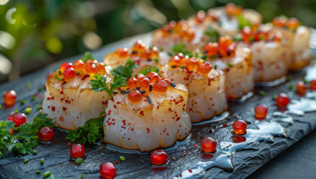 Delicious sushi rolls with red caviar on a black stone plateの素材