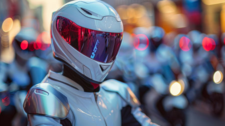 Modern White Motorcycle Helmet in City Lightsの素材