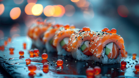 Salmon sushi roll garnished with tobiko caviarの素材