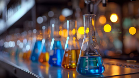 Laboratory glassware with colorful liquid on the background of the lampsの素材