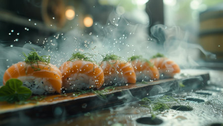 Sushi rolls on a wooden board in a restaurant, close-upの素材