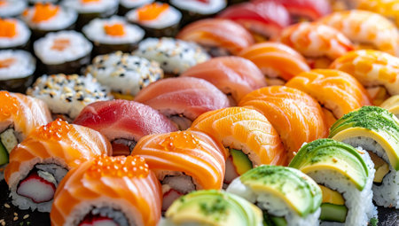 Assorted sushi rolls with fresh ingredients on black backgroundの素材