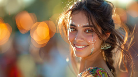 Sunlit Indian Woman with Long Brown Hair in Traditional Dressの素材