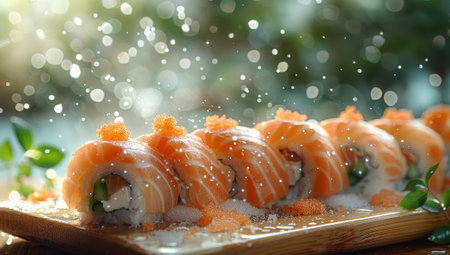 Sushi Rolls Topped with Fresh Salmon on Wooden Plateの素材