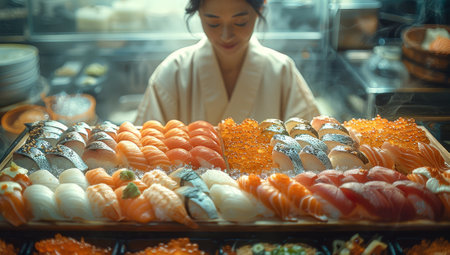 Woman Displaying Fresh Assorted Sushi in Japanese Restaurantの素材