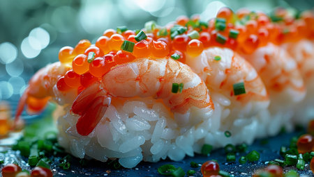Sushi with prawns, red caviar and green onionsの素材