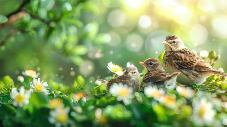 Little sparrows and chicks in the grass with green bokeh backgroundの素材