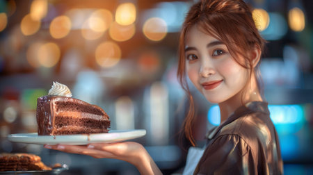 Asian Woman Enjoying Chocolate Cake in Coffee Shopの素材