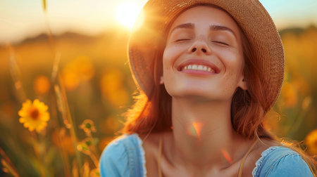 Young woman in straw hat amidst yellow flowers at sunsetの素材