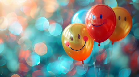 Smiley Face Balloons on Vibrant Bokeh Backgroundの素材