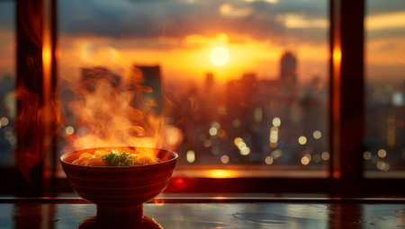 Steaming bowl of noodles against vibrant sunset cityscapeの素材