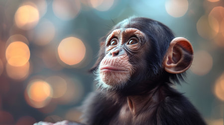 Curious young chimpanzee amidst illuminated lightsの素材