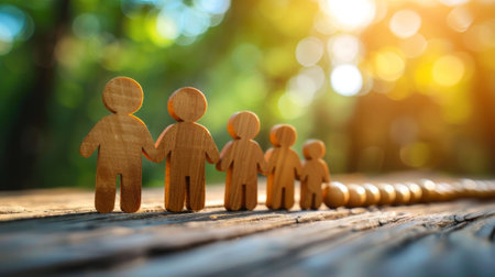 Wooden figures of a family on a wooden background. The concept of unity and teamwork.の素材