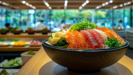 Fresh sashimi platter in wooden bowl on restaurant tableの素材