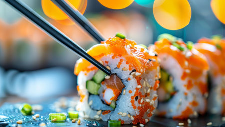 Sushi roll with salmon, avocado, cucumber, cream cheese and sesame seedsの素材