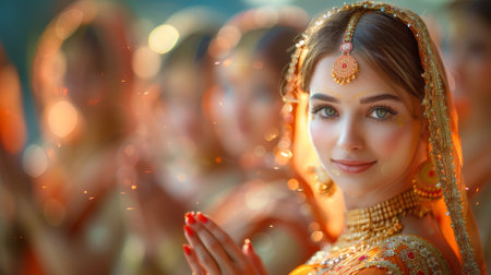 Beautiful young woman in traditional india costume dancing in the temple.の素材