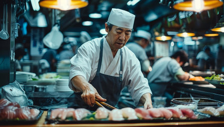 Focused Asian Chef Preparing Sushi in Restaurant Kitchenの素材